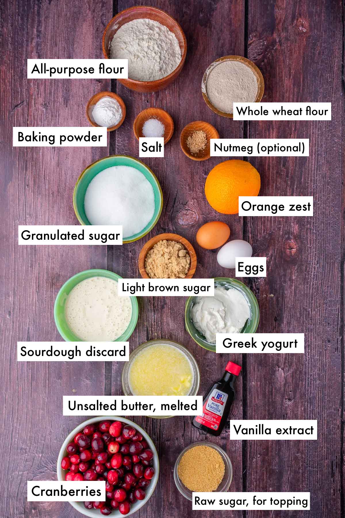 Labeled bowls of ingredients needed for sourdough cranberry muffins, including all-purpose flour, orange zest, nutmeg, whole wheat flour, sugar, brown sugar, melted butter, vanilla extract, cranberries, sourdough discard, yogurt, eggs, and raw sugar.