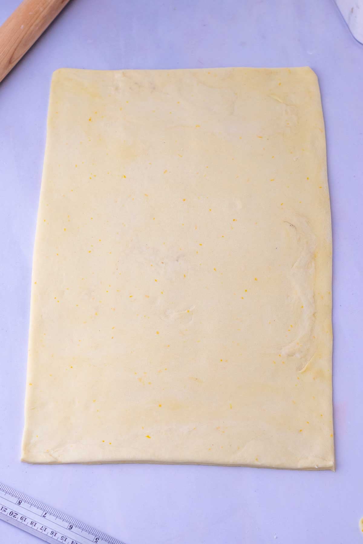 Rolled out slab of sourdough sticky bun dough.