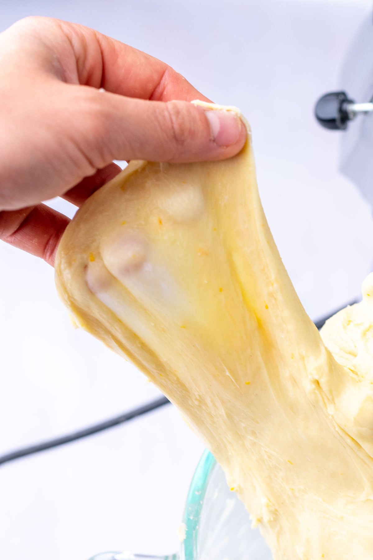 Sourdough sticky bun dough passing the windowpane test.