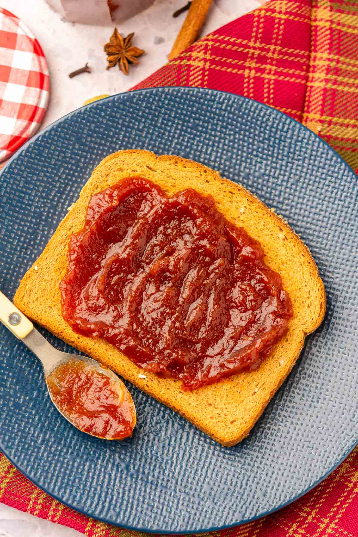 Apple butter spread on whole wheat toast.