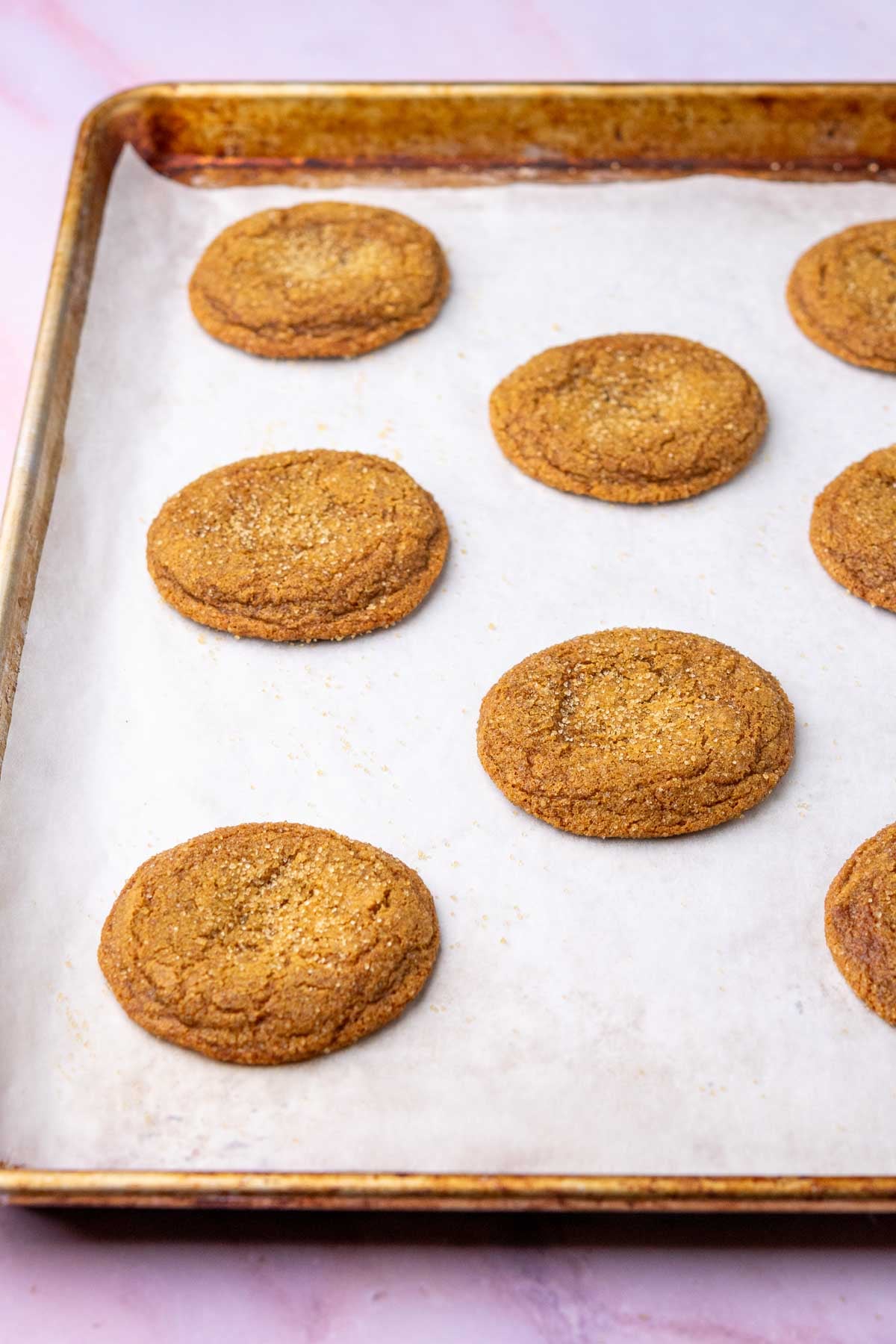 Baked Sourdough ginger molasses cookies on a baking sheet.