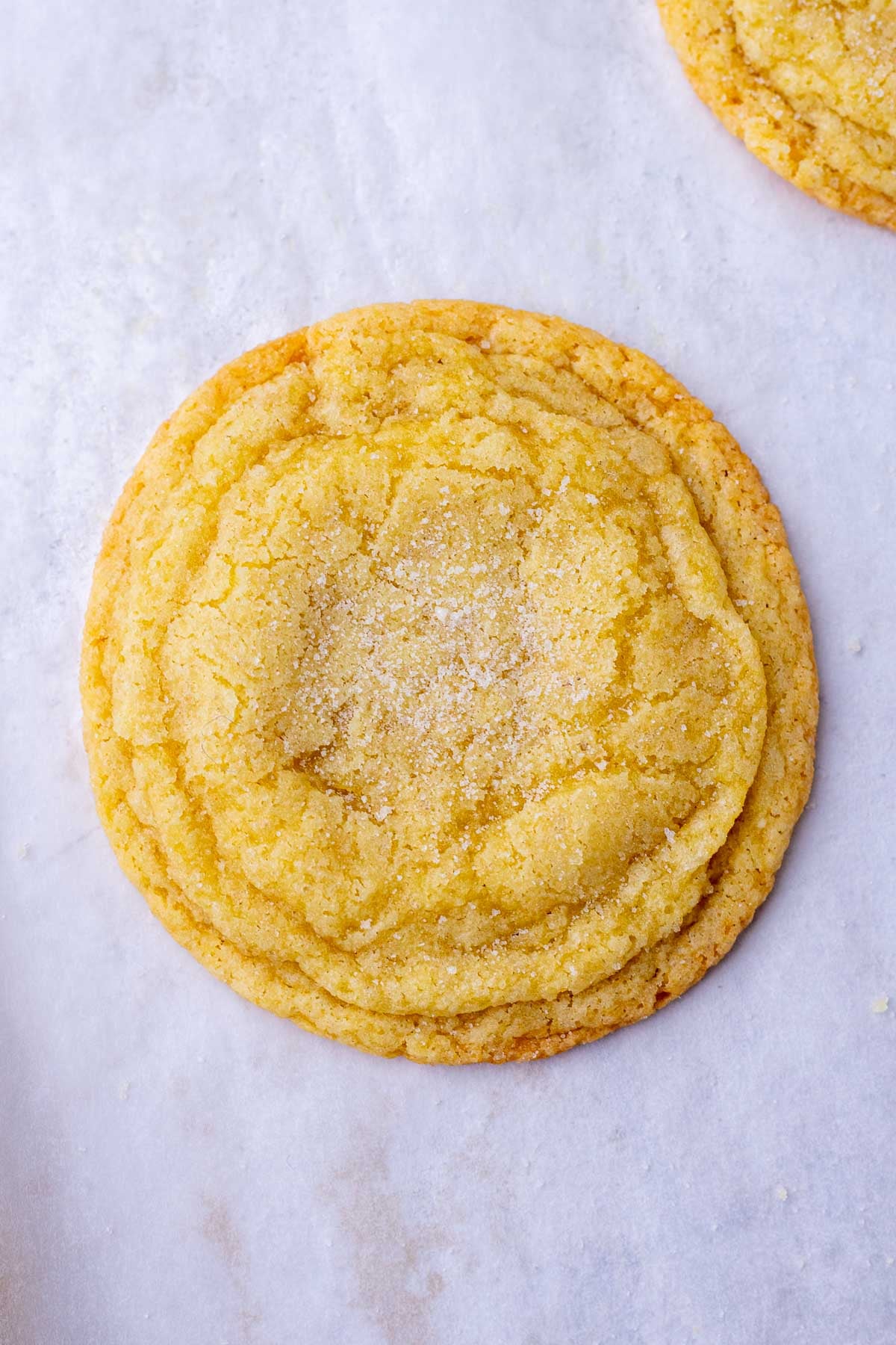Baked sourdough sugar cookie on a baking sheet.