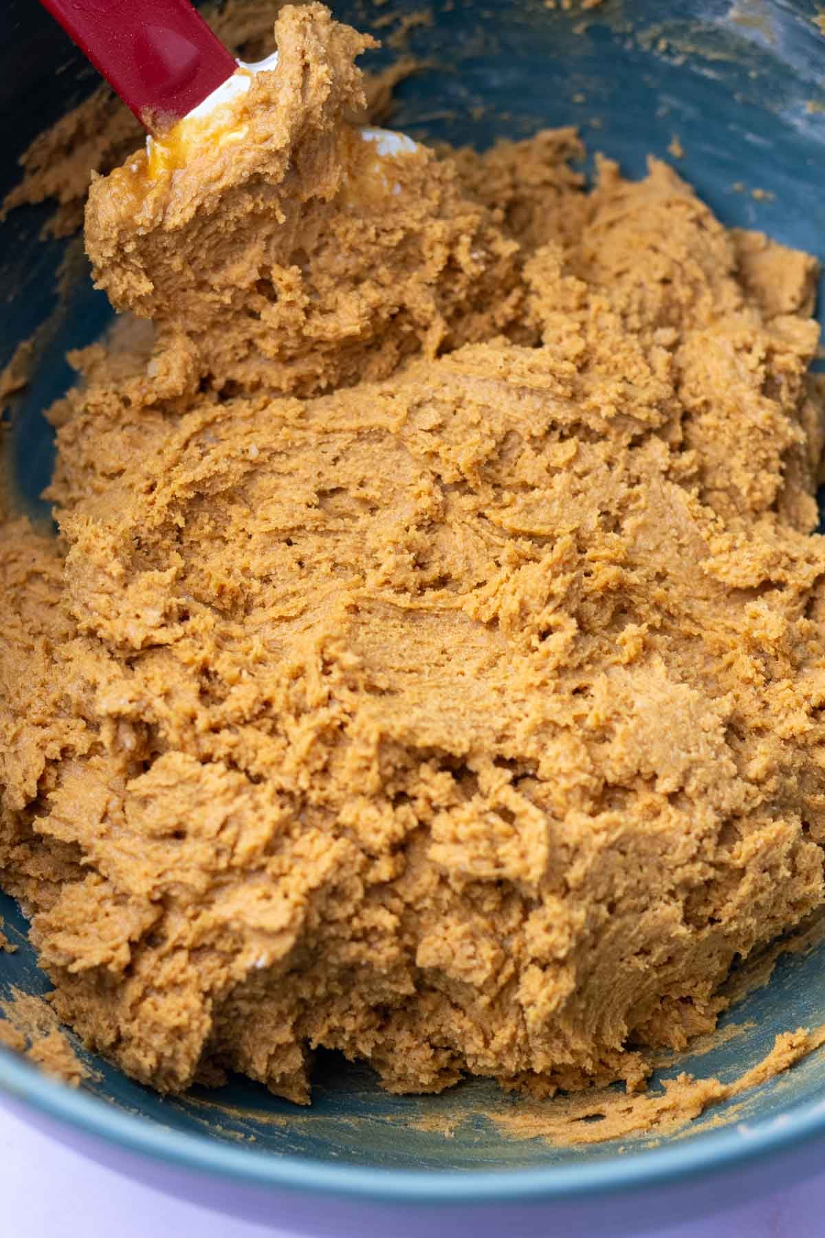 Mixed Sourdough ginger molasses cookie dough in bowl with spatula.