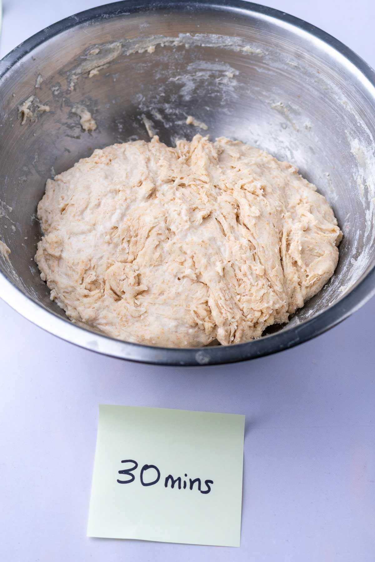 30 minute autolyse bread dough in bowl.