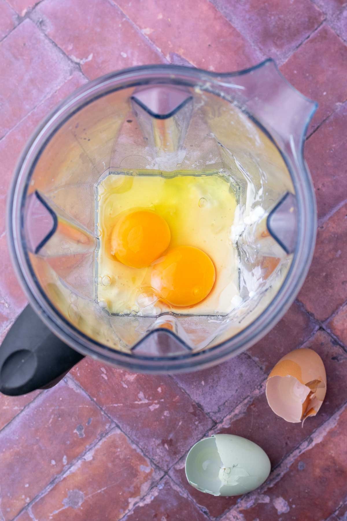 Blender with sourdough cottage cheese protein pancake ingredients before mixing.
