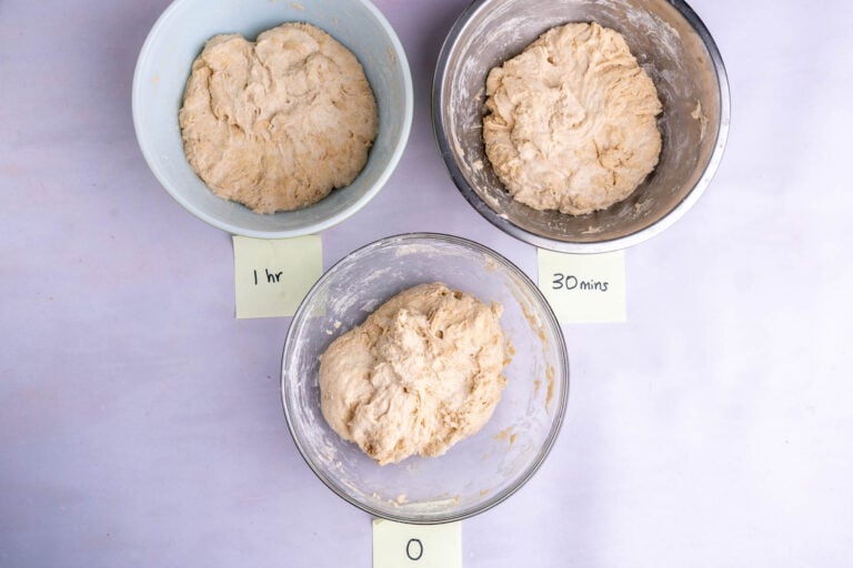 Three bowls of dough in autolyse at different stages.