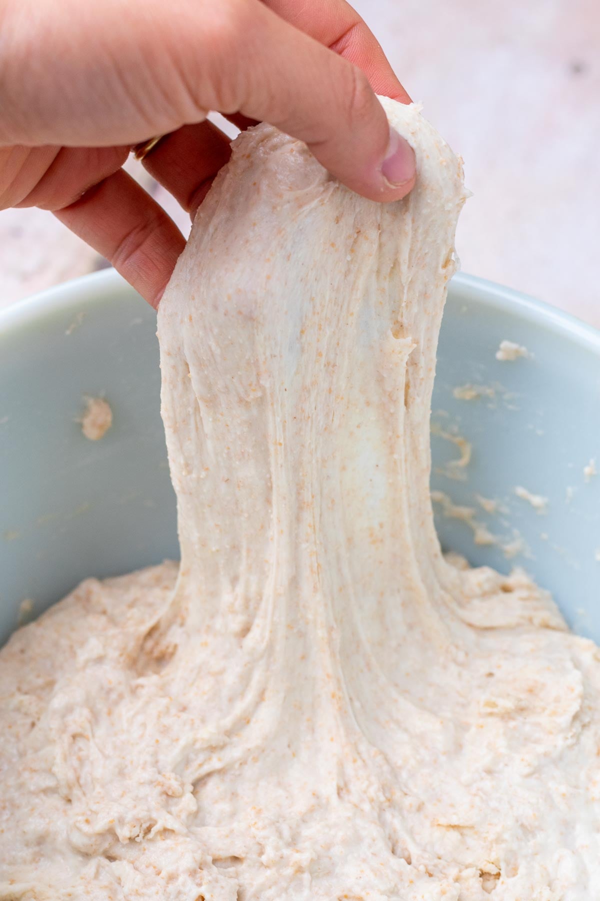 Hand stretching dough after a one hour autolyse.