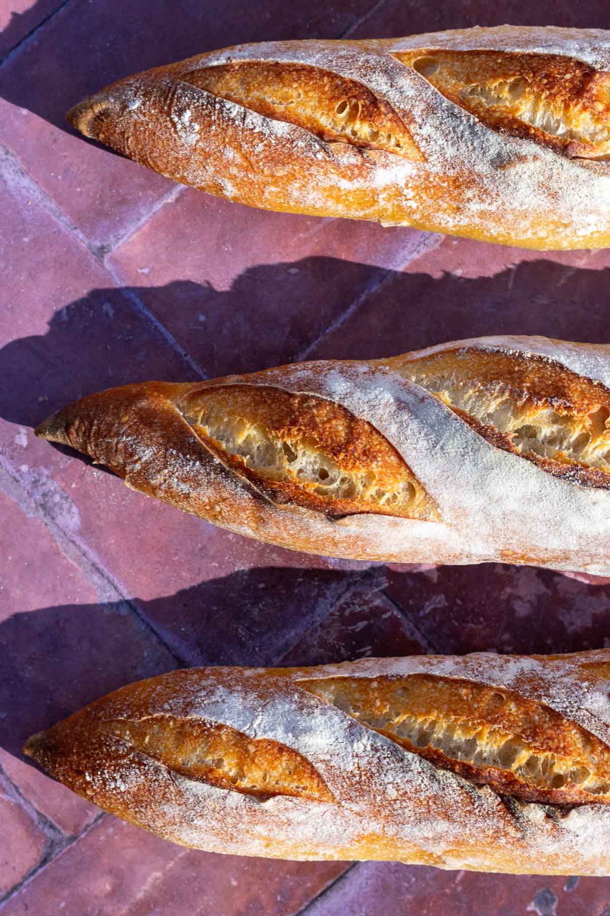 Ends of three sourdough baguettes with ears.