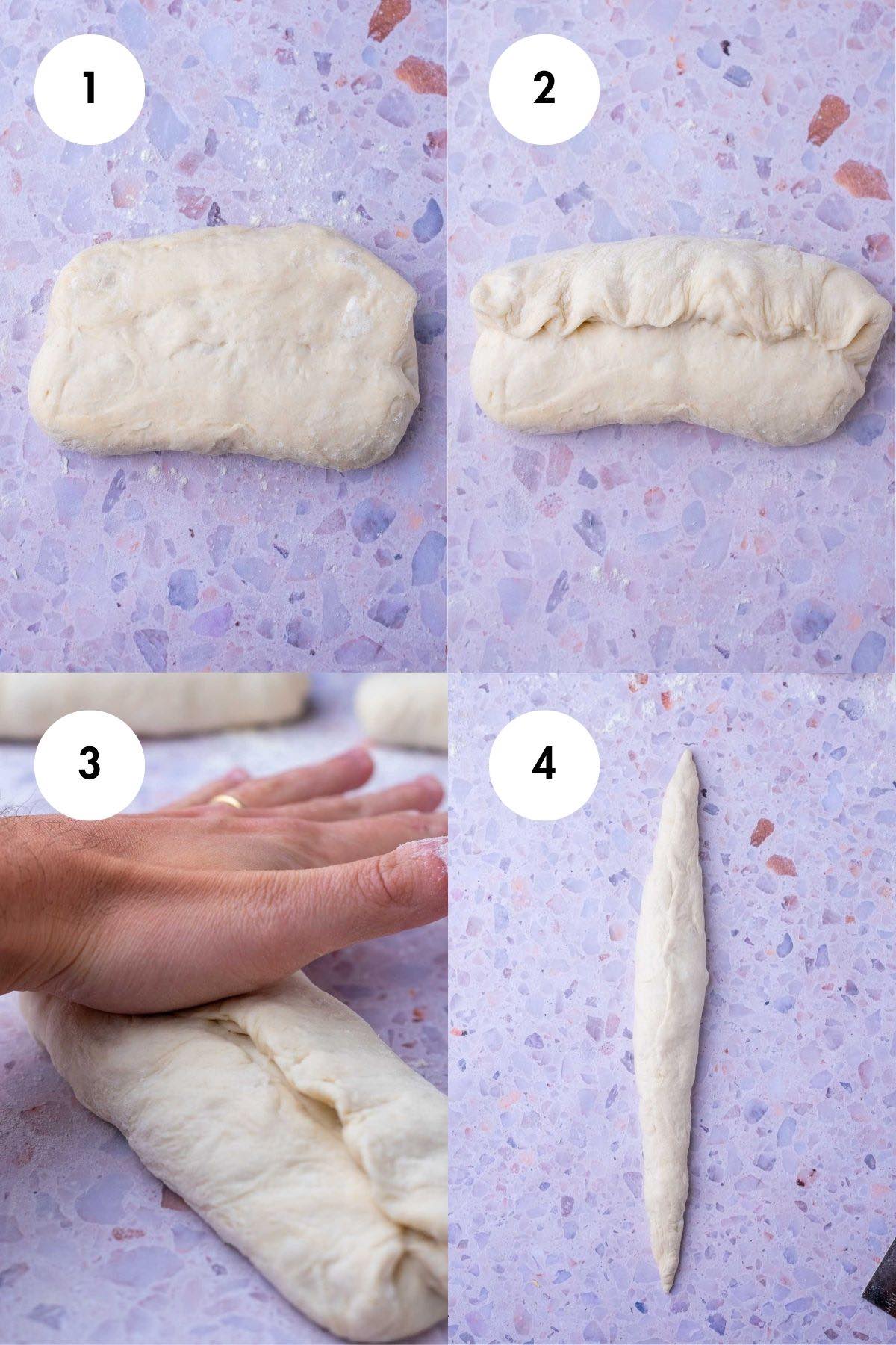 Collage of four images on how to shape sourdough baguettes.