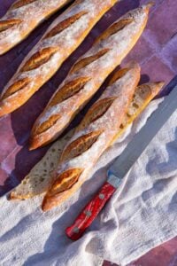 Homemade sourdough baguettes with a bread knife and towel.
