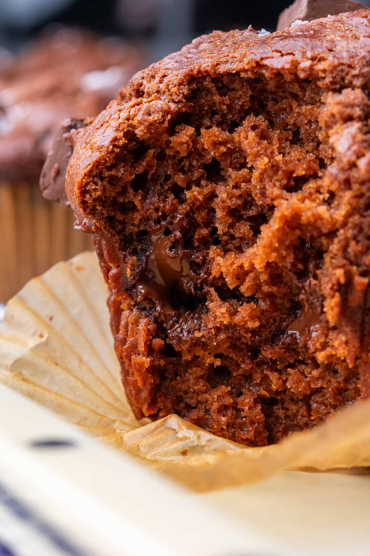 Close up of melted chocolate inside of a sourdough chocolate muffin with a bite taken out of it.
