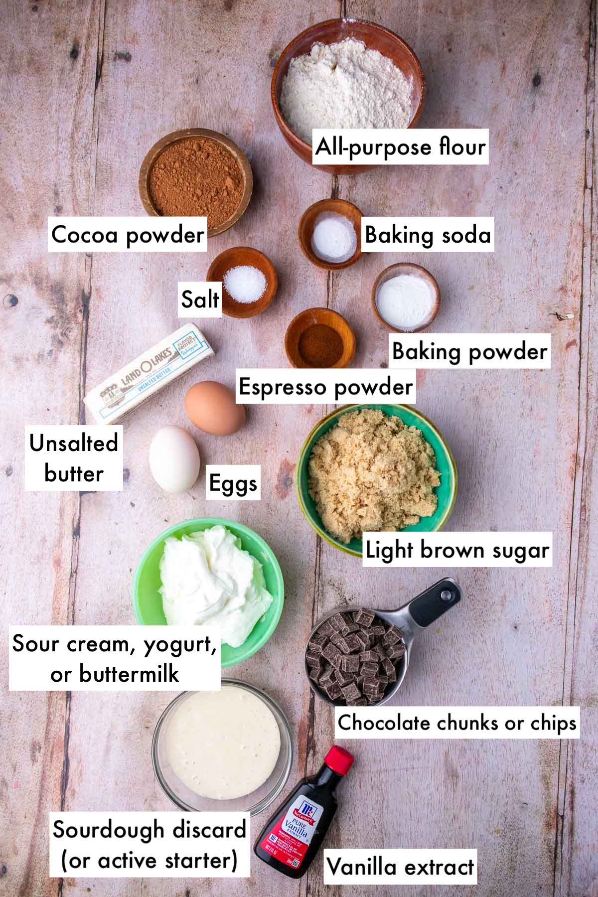 Labeled bowls of ingredients needed for sourdough chocolate muffins including all-purpose flour, salt, baking powder, baking soda, cocoa powder, unsalted butter, eggs, light brown sugar, sour cream, espresso powder, vanilla extract, sourdough discard, and chocolate chunks.