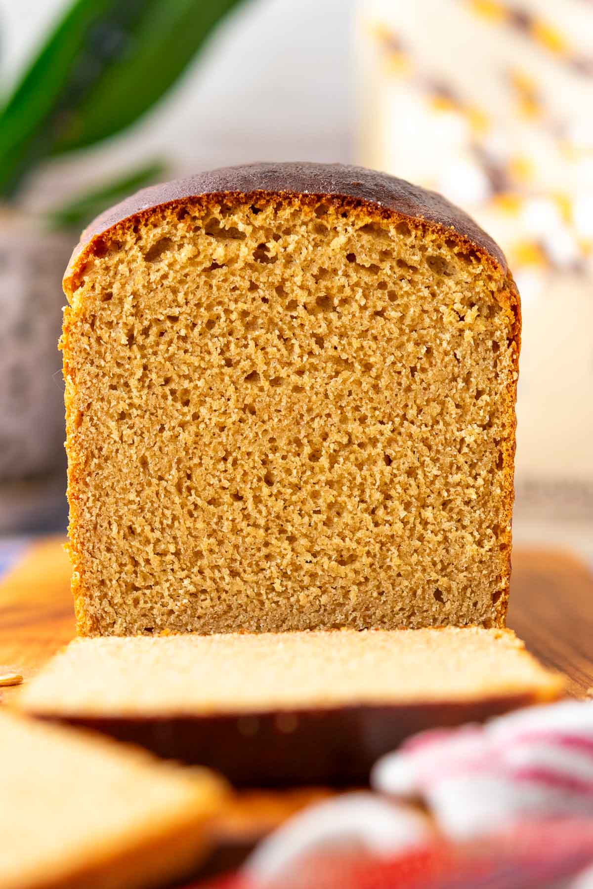 Sliced crumb interior of einkorn sourdough sandwich bread.