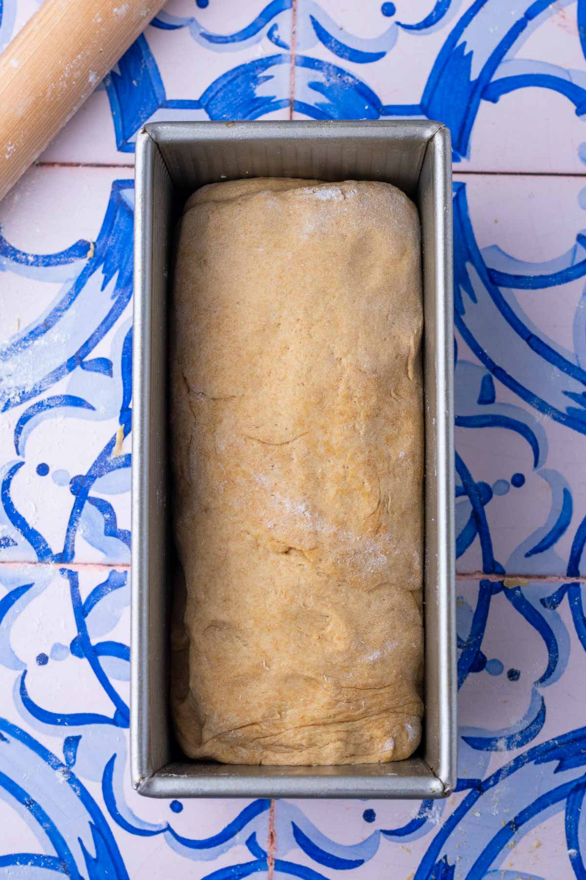 einkorn sourdough sandwich bread in bread pan at the start of final proofing.