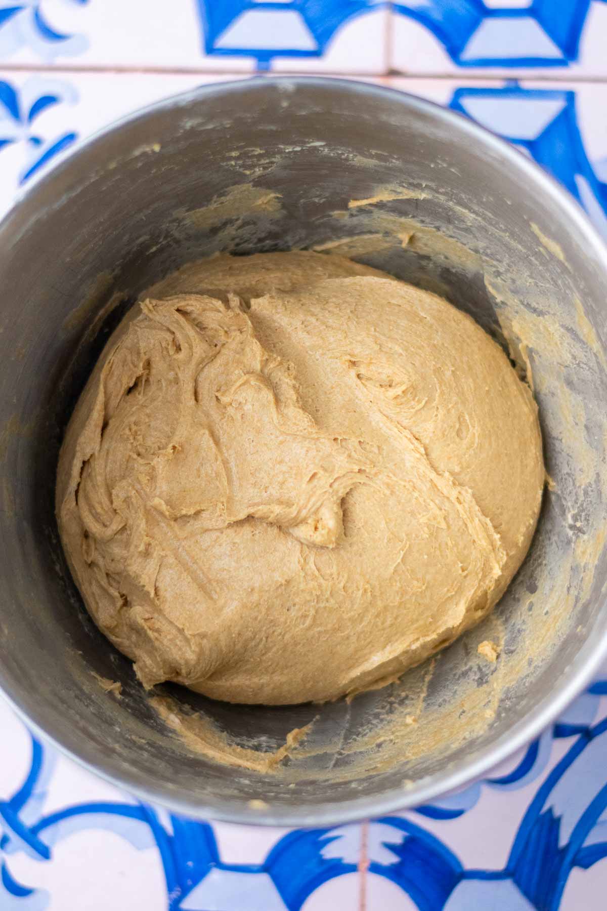 einkorn sourdough sandwich bread in bowl at the start of bulk fermentation