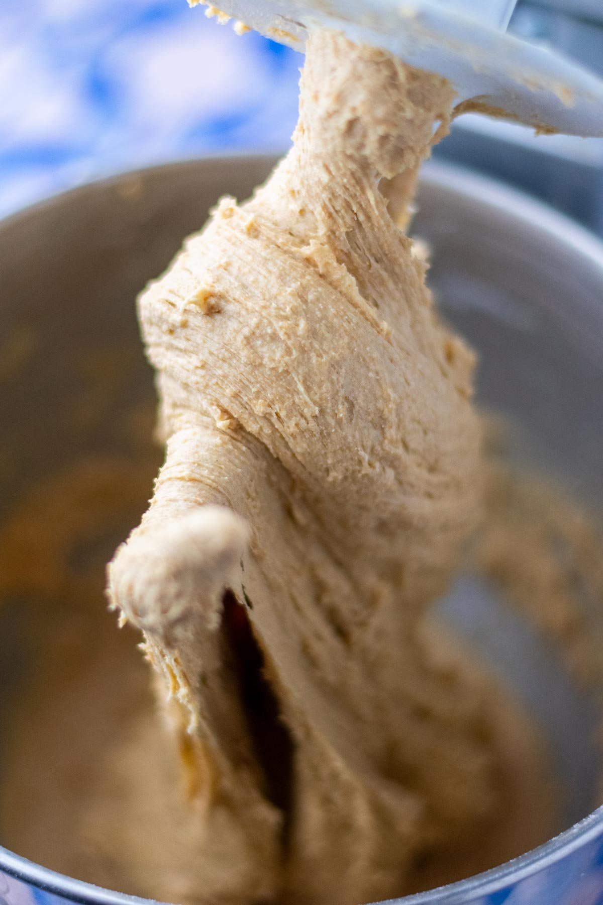 Mixed einkorn sourdough sandwich bread in stand mixer on dough hook.