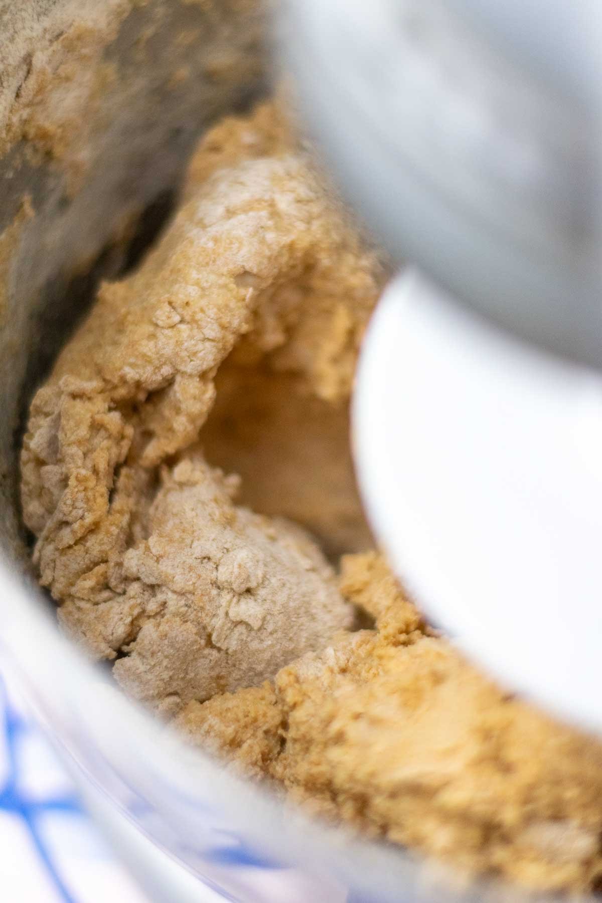 Mixing einkorn sourdough sandwich bread dough in a stand mixer.