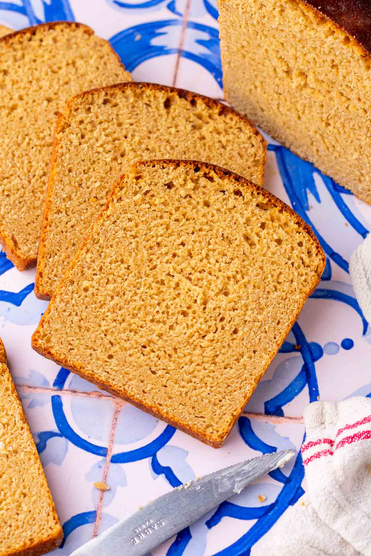 Slices of einkorn sourdough sandwich bread.