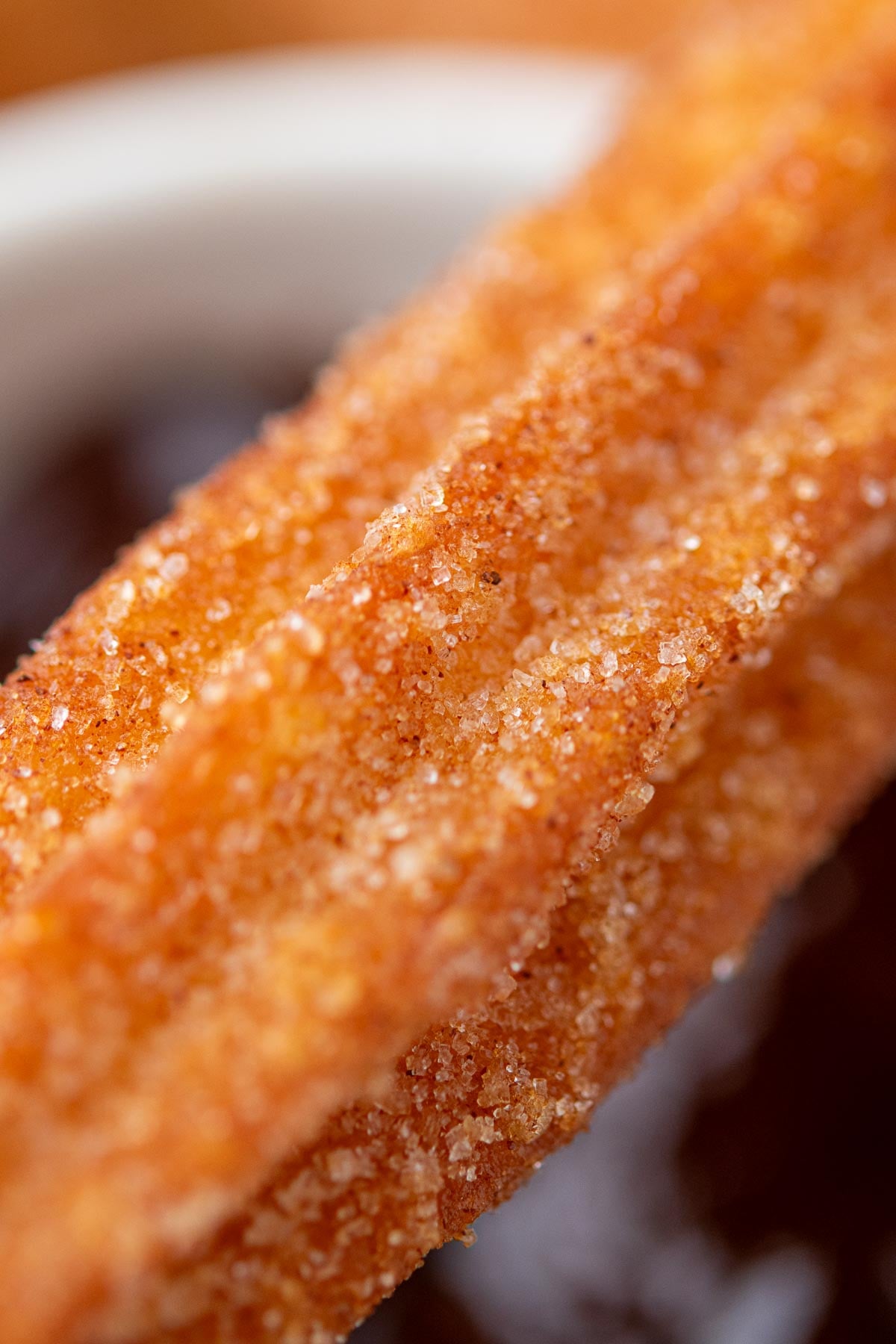 Close up of cinnamon sugar on a sourdough churro.