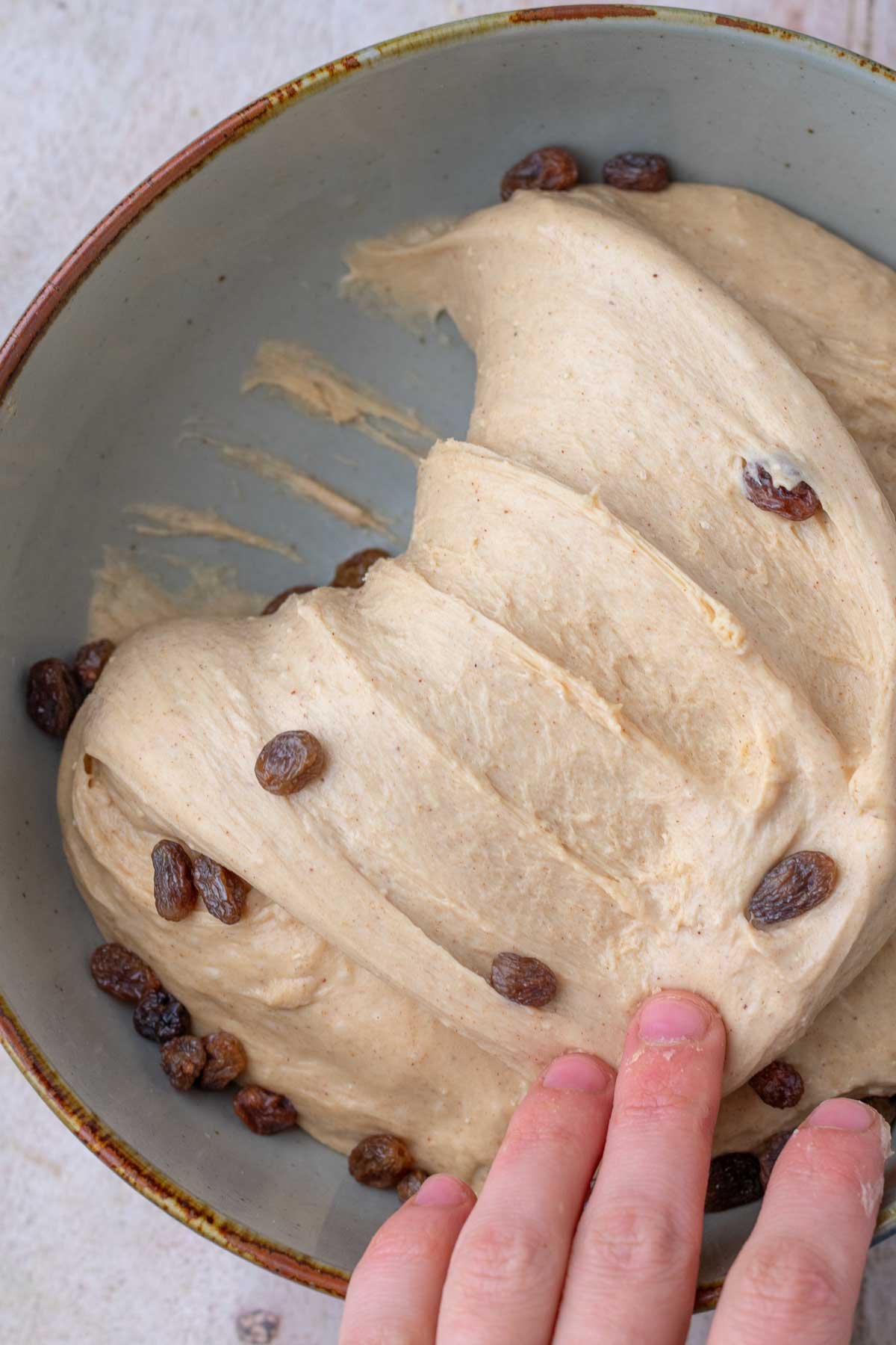 Hand folding raisins into sourdough english muffin dough.