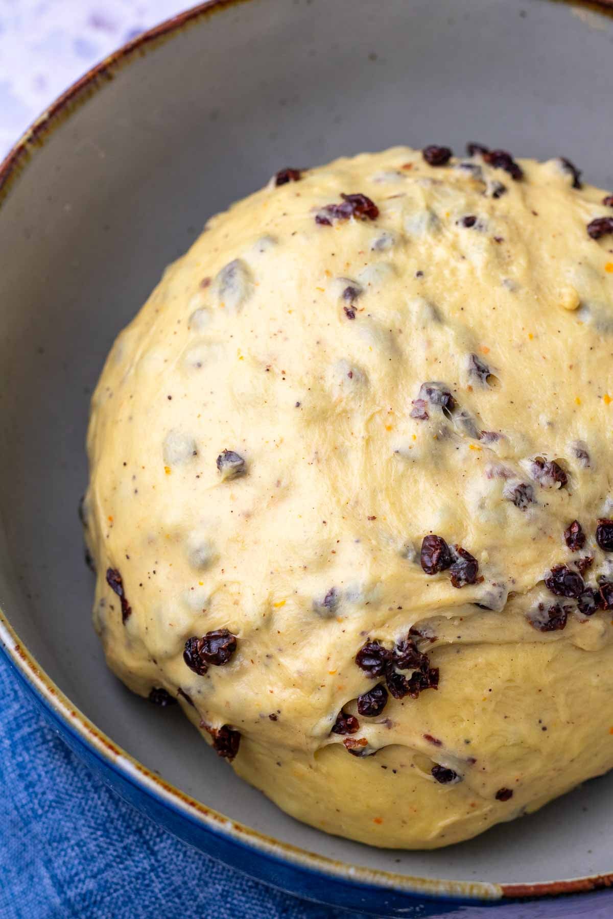 Sourdough hot cross bun dough in a bowl at the start of bulk fermentation.