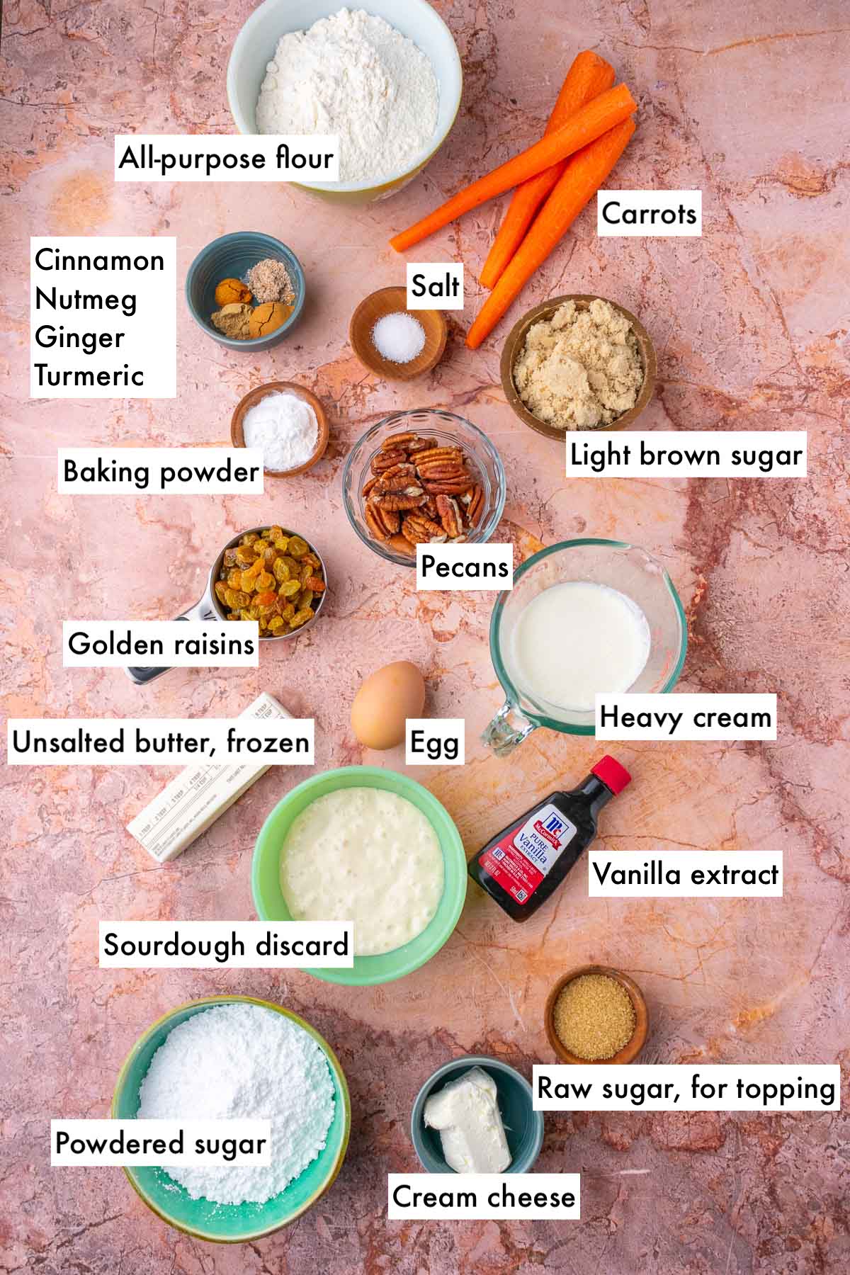 Labeled bowls of ingredients needed for sourdough carrot cake scones, including all-purpose flour, carrots, light brown sugar, spices, baking powder, sourdough discard, heavy cream, vanilla, cream cheese, powdered sugar, raisins, butter, pecans, and salt.