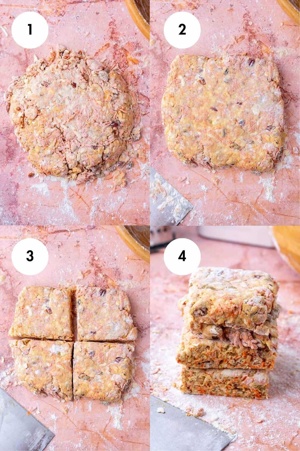 Steps of laminating sourdough carrot cake scone dough.