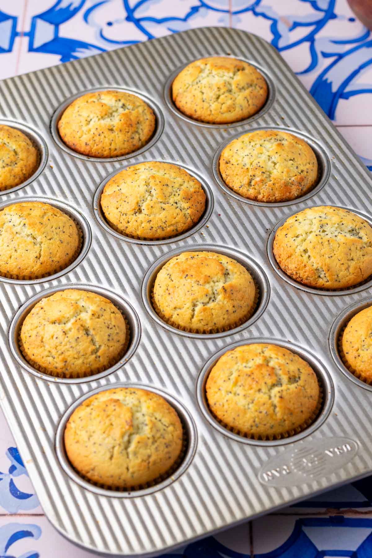 Baked sourdough lemon poppy seed muffins in a muffin pan.