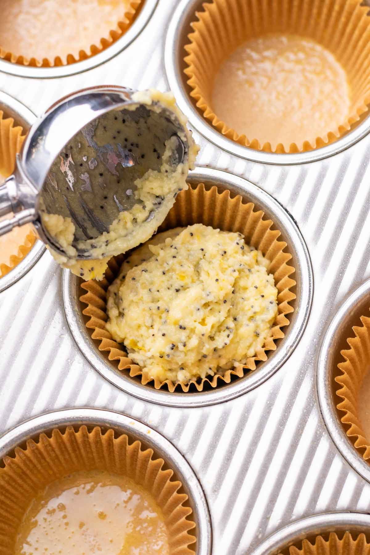 Scooping sourdough lemon poppy seed muffin batter into a paper liner in a muffin pan.