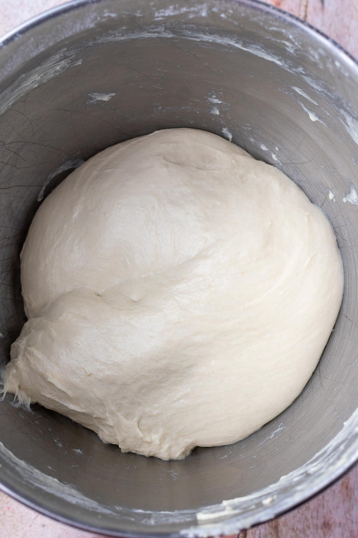 sourdough focaccia dough at the start of bulk fermentation in bowl.