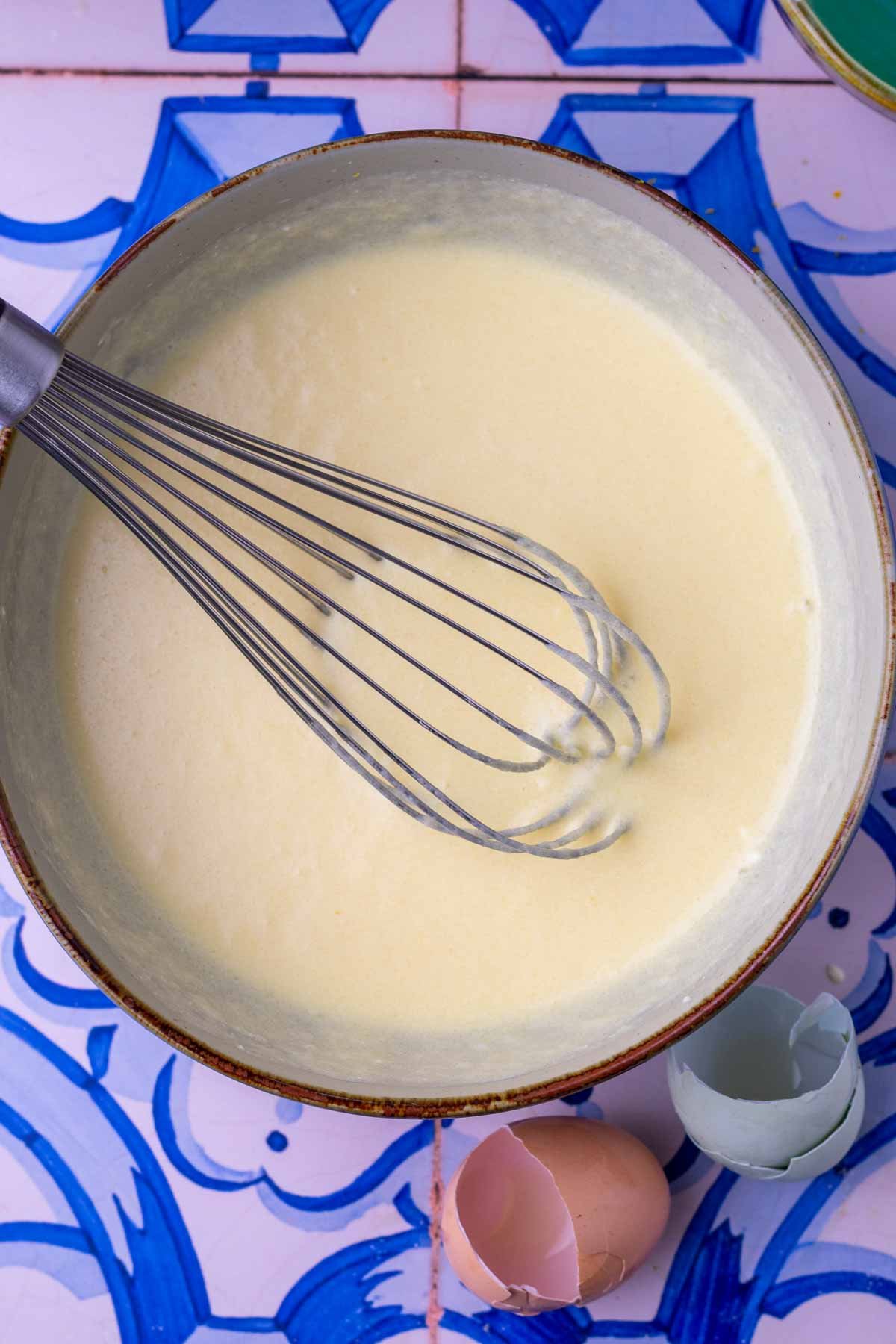 wet ingredients for sourdough lemon poppy seed muffins Wet ingredients whisked in bowl with whisk for sourdough lemon poppy seed muffins.
