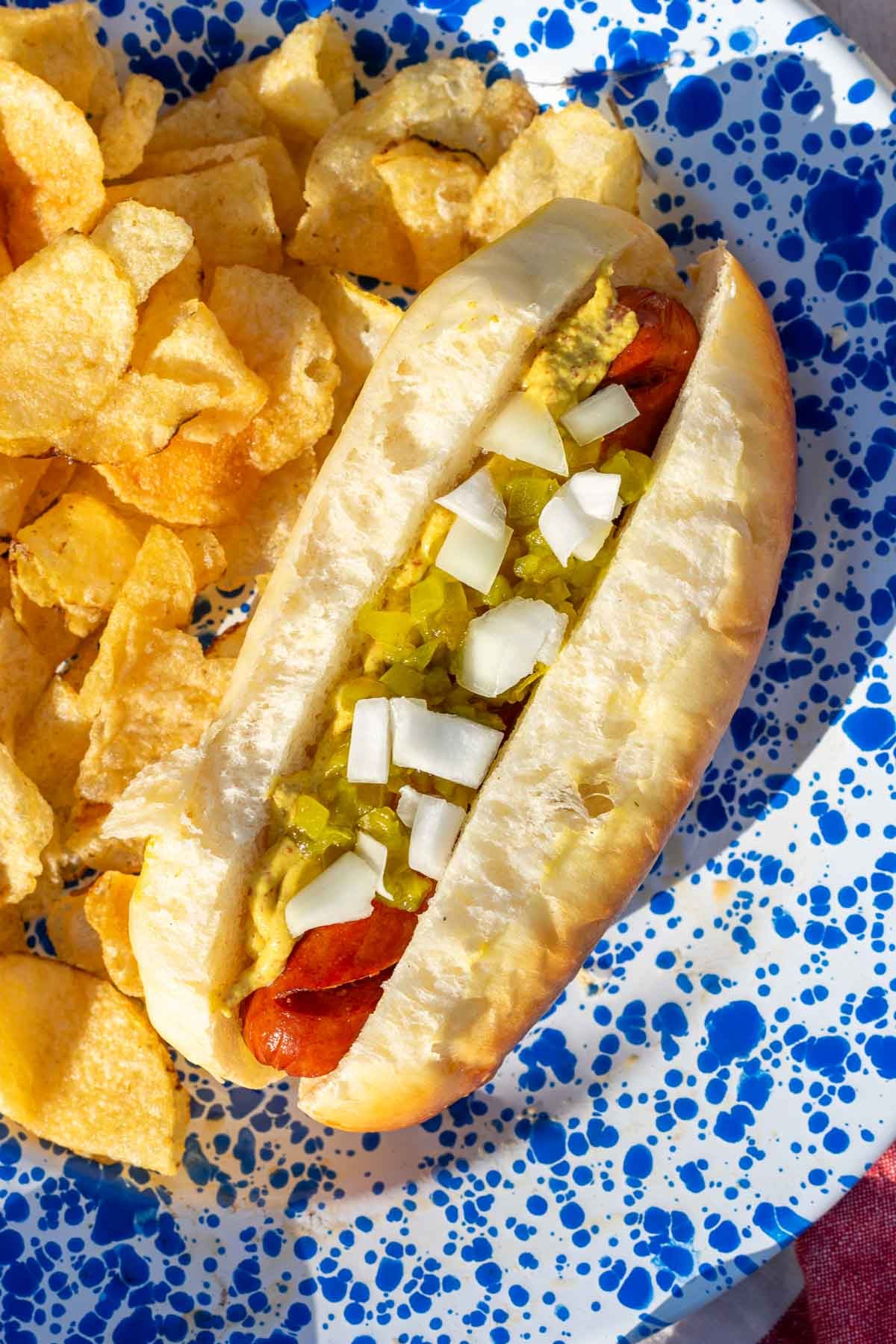 Hot dog with mustard, onions, and relish in a sourdough hot dog bun on a plate with potato chips.