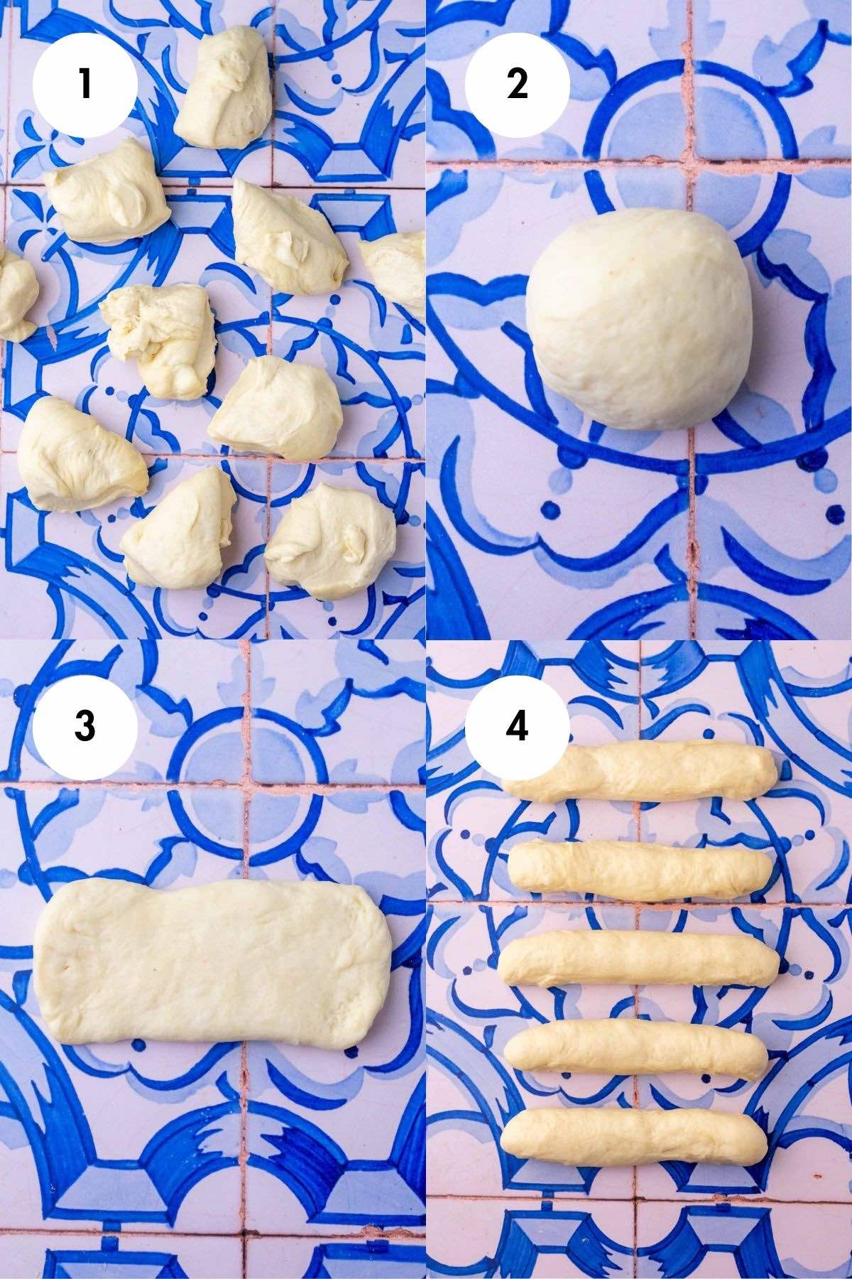 Four step collage of photos showing how to shape sourdough hot dog buns from dividing the dough, making into a round, flattening out, and rolling into hot dog bun cylinders.