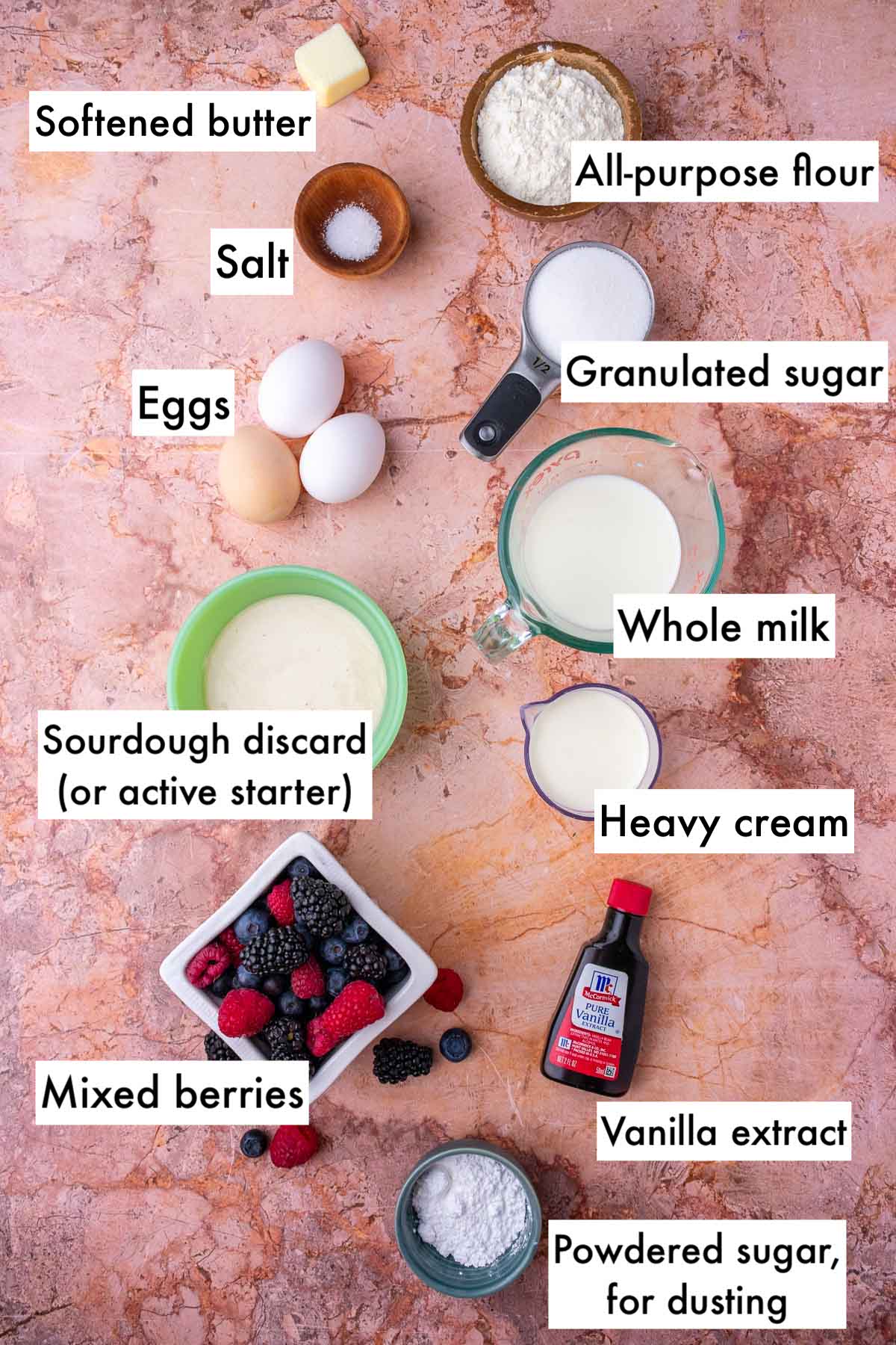 Labeled ingredients needed for mixed berry sourdough clafoutis including softened butter, all-purpose flour, granulated sugar, eggs, salt, whole milk, heavy cream, sourdough discard, vanilla, mixed berries, and powdered sugar.