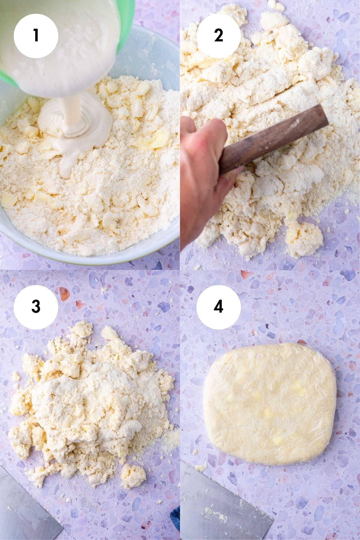 Collage of making sourdough pie crust using sourdough discard.