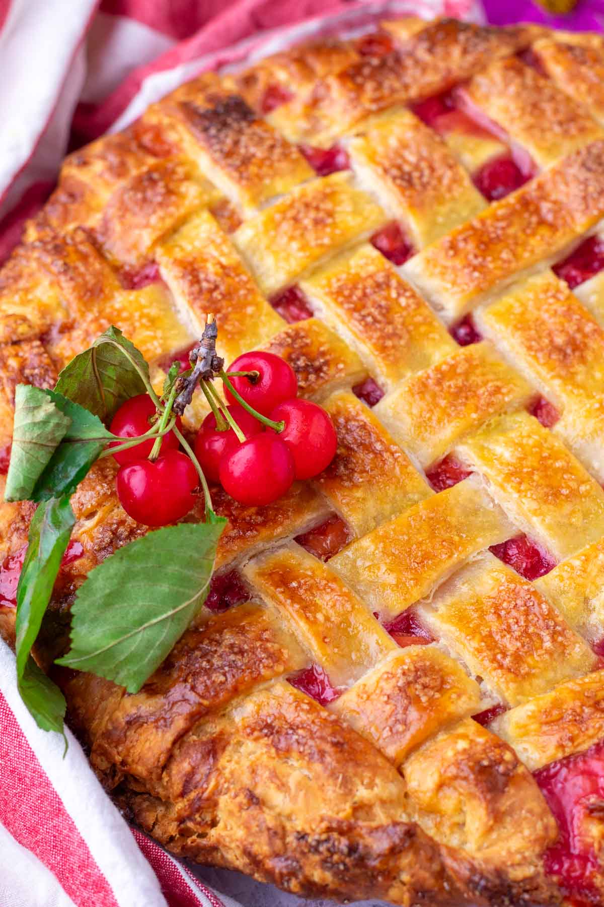 Sour cherry pie with a lattice sourdough pie crust.