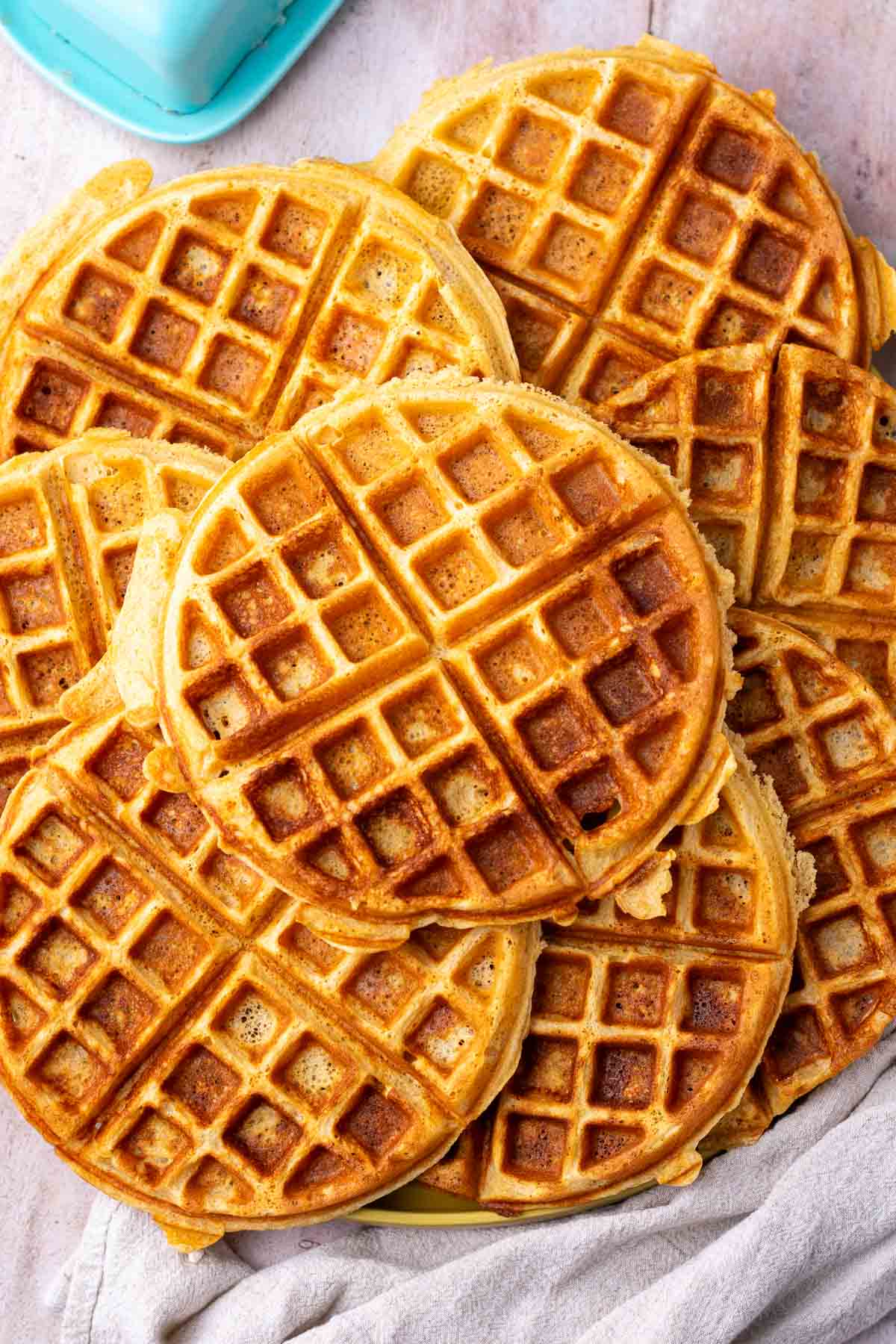 Platter of sourdough einkorn waffles.