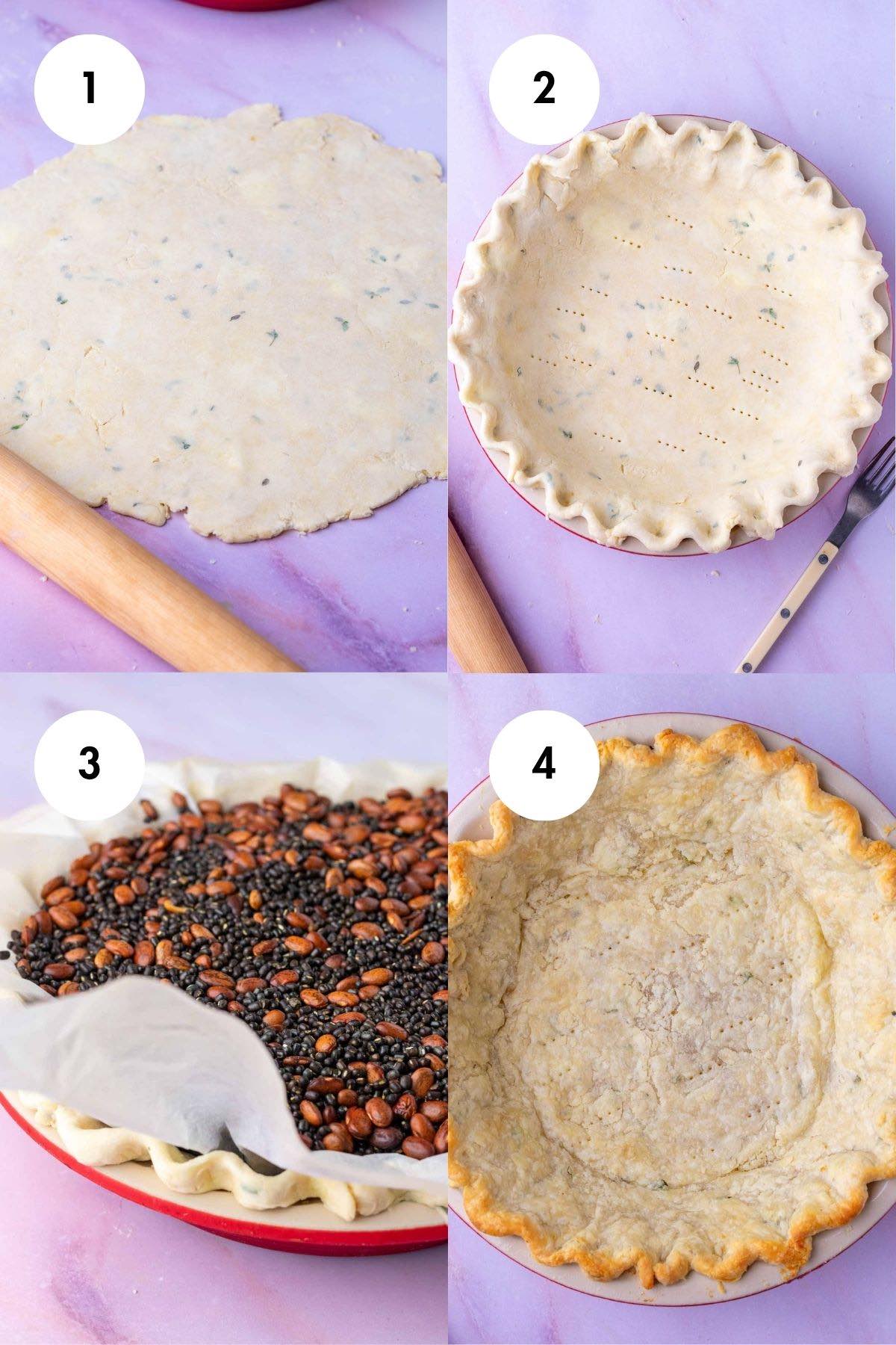Four images of blind baking sourdough pie crust including rolling out into a round, crimped in a pie pan, blind baking with weights, and the blind baked crust.