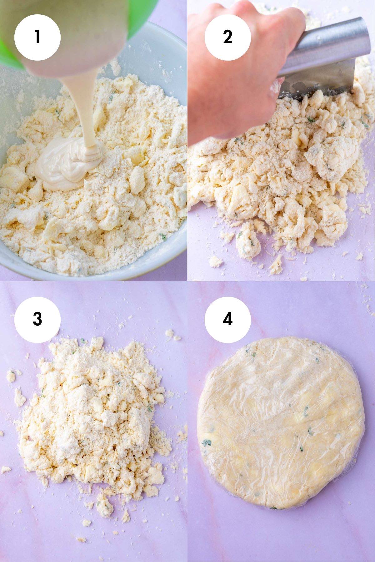 Collage of making savory sourdough pie crust including pouring sourdough discard into a bowl, chopping with a bench scraper, the pie dough before being brought together, and the pie dough wrapped in plastic wrap in a disc.