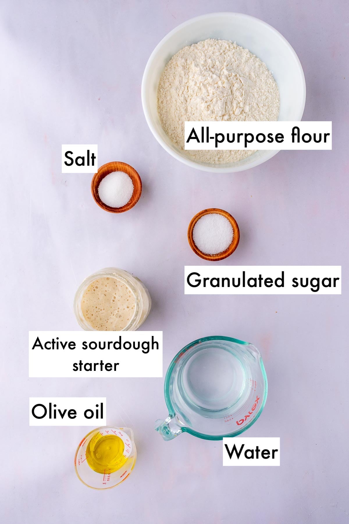 Labeled ingredients needed for sourdough pita bread including all-purpose flour, salt, granulated sugar, olive oil, water, and sourdough starter.