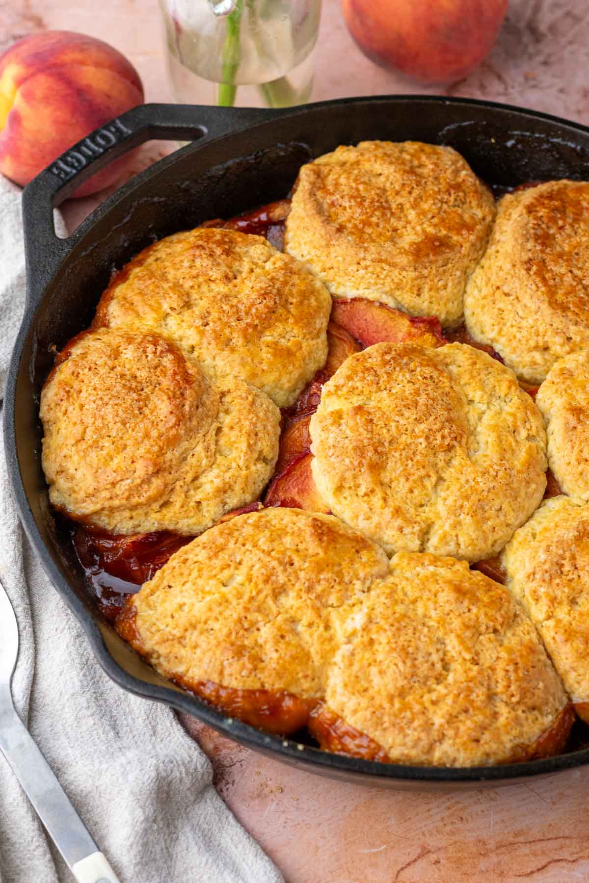 Close up of sourdough peach cobbler in a cast-iron skillet with biscuit topping.