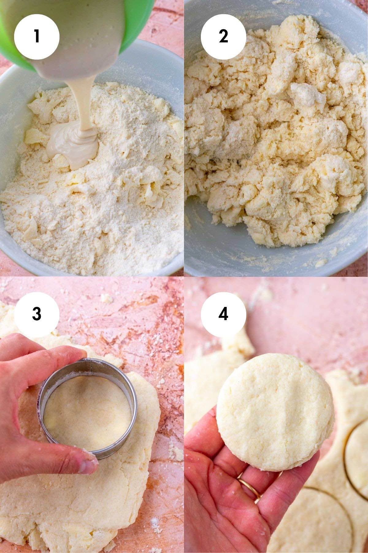 Collage of mixing and cutting out sourdough biscuits for cobbler topping.