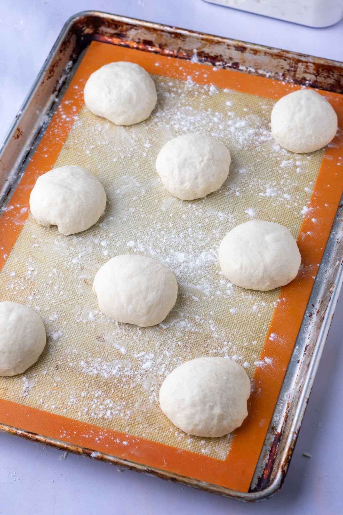 Shaped sourdough pita bread dough rounds at the start of final proofing on a sheet pan.