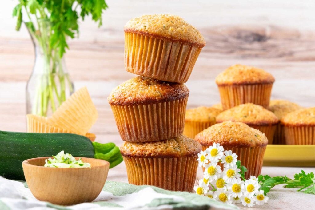 Stack of three sourdough zucchini muffins with zucchini, flowers, and more muffins in the background.