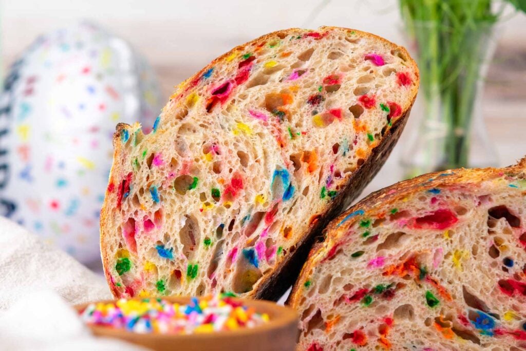 Funfetti sourdough bread with rainbow sprinkles.