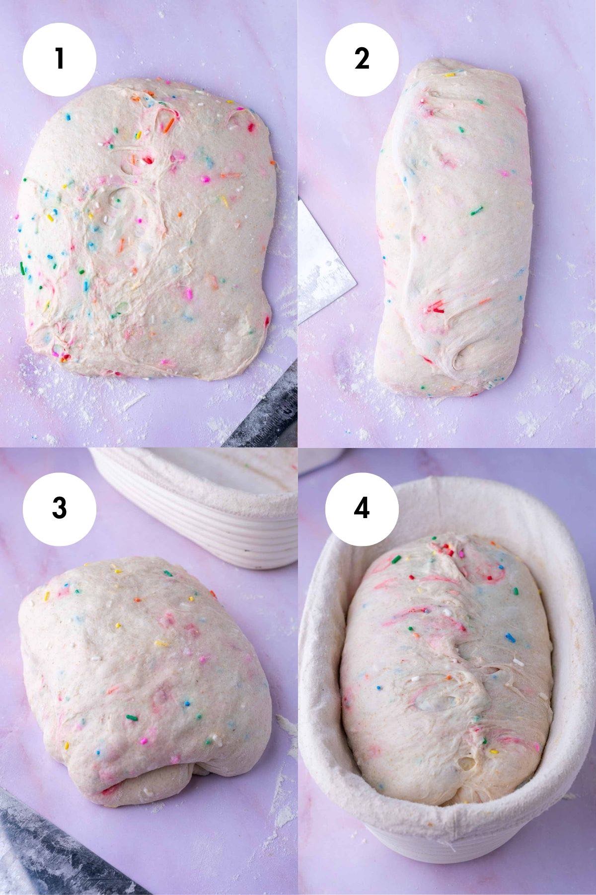Collage of four images on how to shape funfetti sourdough bread into a banneton