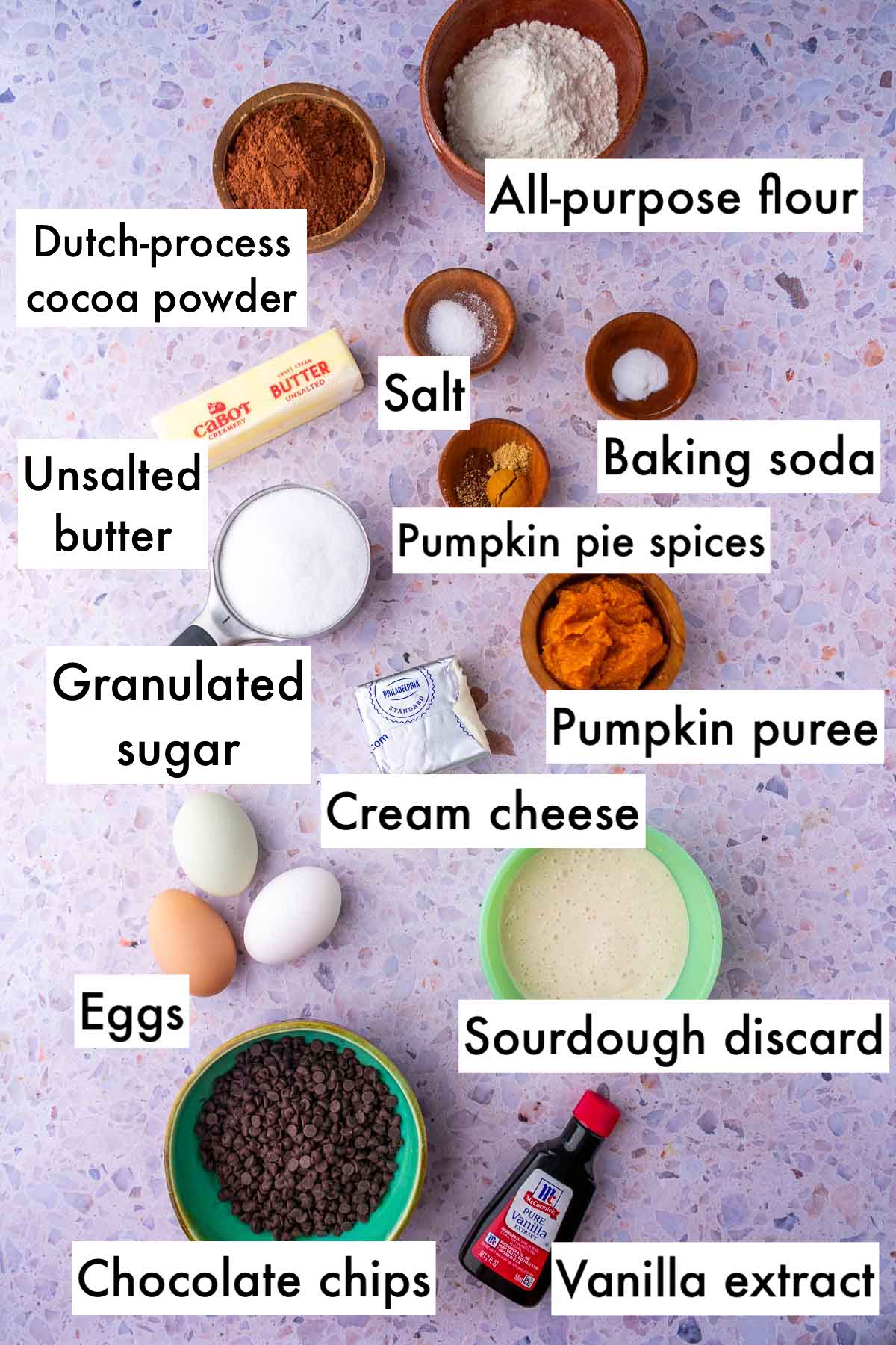 Labeled bowls of ingredients needed for sourdough pumpkin brownies including all-purpose flour, dutch-process cocoa powder, salt, baking soda, sourdough discard, unsalted butter, granulated sugar, pumpkin pie spices, pumpkin puree, cream cheese, eggs, sugar, chocolate chips, and vanilla.