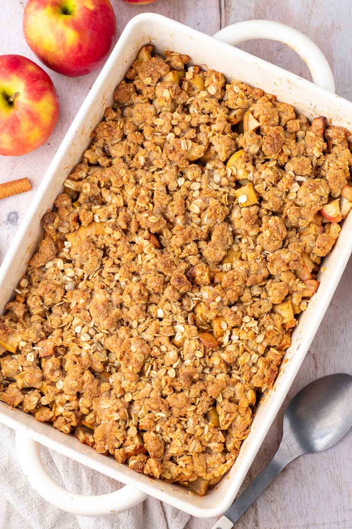 Baked sourdough apple crisp in a baking dish.