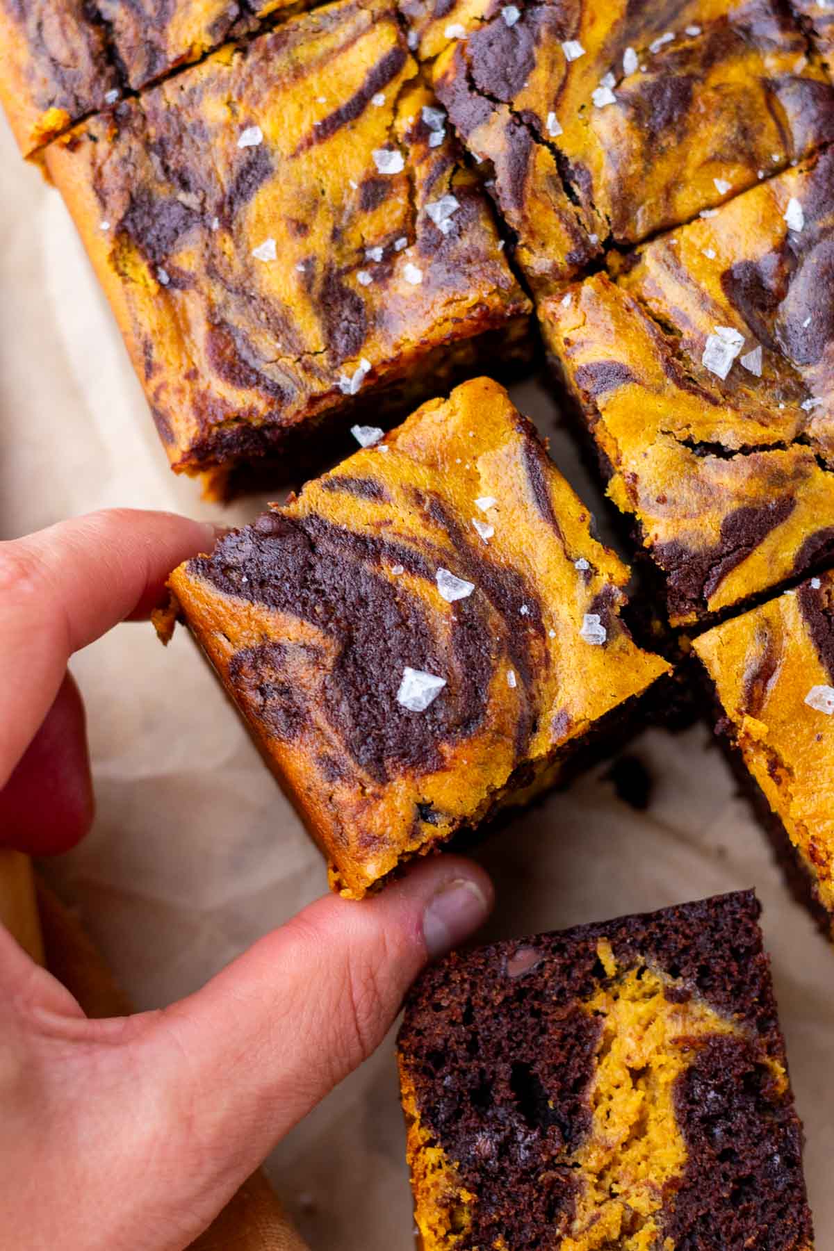 Hand picking a sourdough pumpkin brownie.