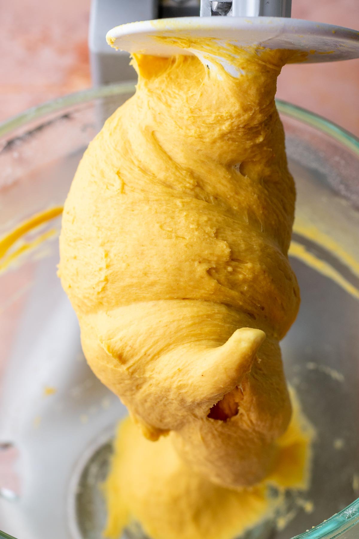 Mixed sourdough pumpkin cinnamon swirl bread wrapped around dough hook.